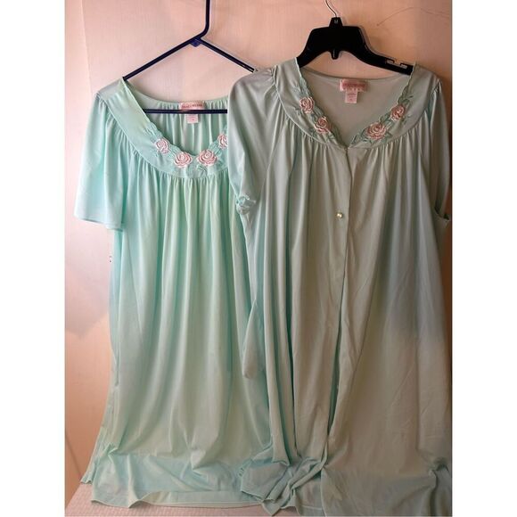 Shadowline gown & Robe Mint Green Flowers Set 1x Nylon Mexico rn#44651 - Picture 1 of 7